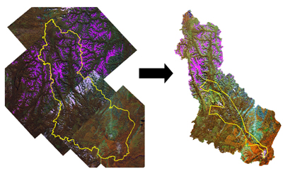 Mosaic of Landsat images covering the area of Nahanni Park.