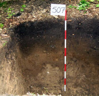 A soil research pit with a red and white marker in it.