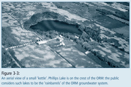 Figure 3-3: Anarial view of a small kettle, Phillips Lake is on the crest of the ORM: the public considers such lakes to be the 'rainbarrels' of the ORM groundwater system.