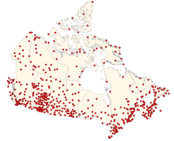 Map of Canada with CWEC locations indicated with red dots