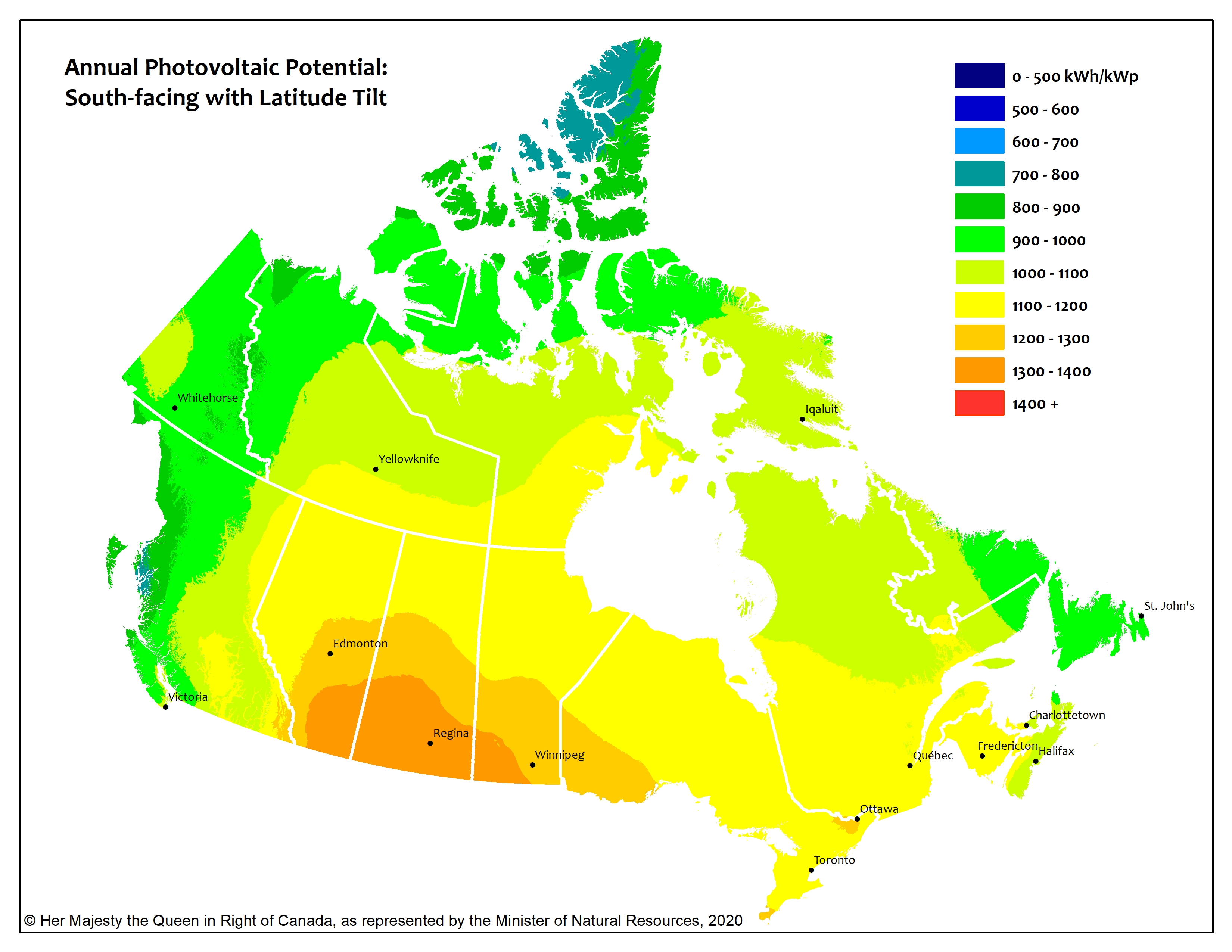 The image shows a map of Canada with different areas of the country shaded in green, light green, yellow, orange, and dark orange, based on the annual photovoltaic potential for that region.