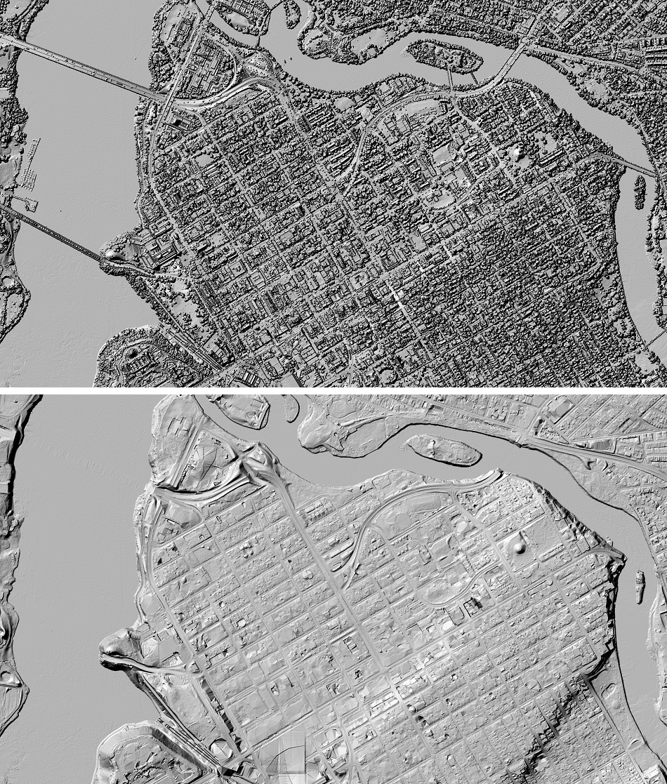 Shaded 3D reliefs of the Digital Surface Model (top image) and the Digital Terrain Model (bottom image) covering downtown Ottawa, ON.