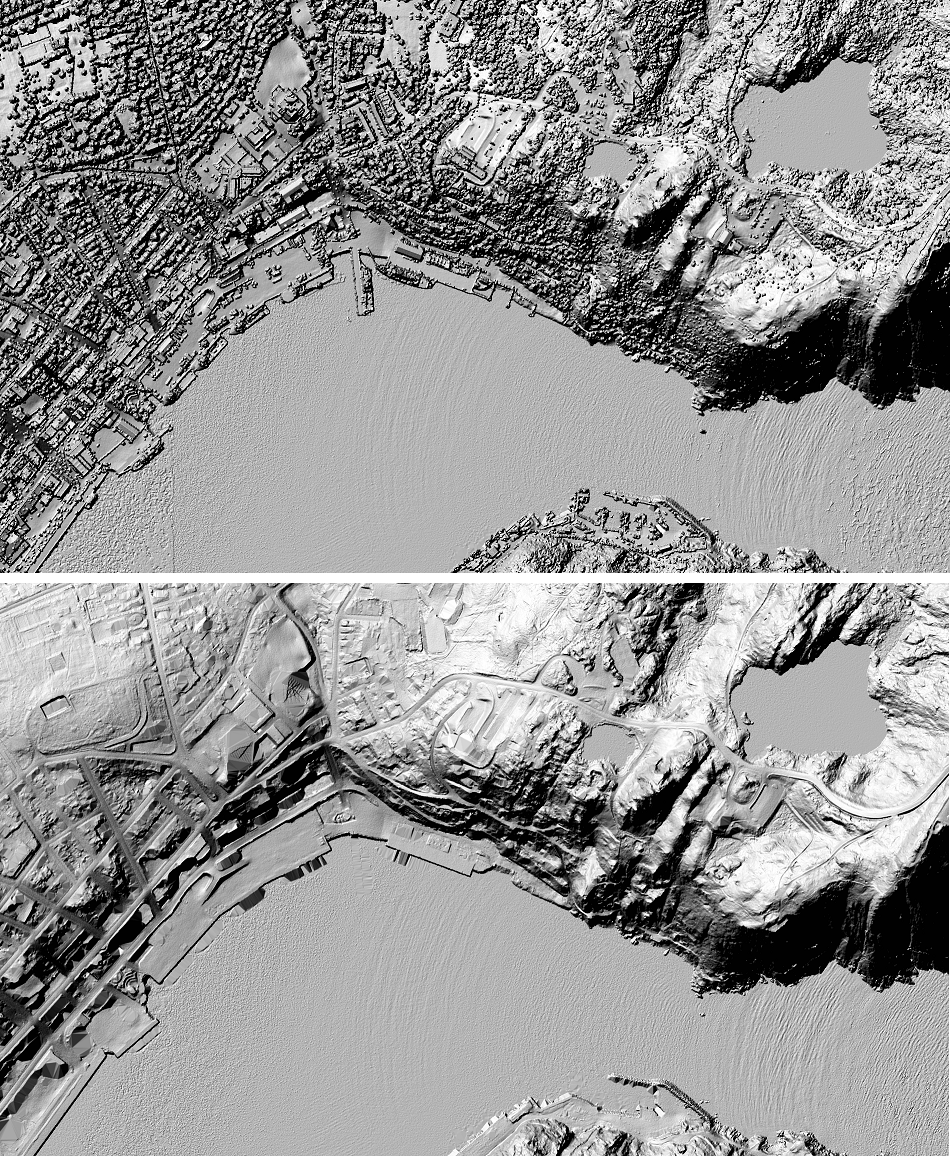 Shaded 3D reliefs of the Digital Surface Model (top image) and the Digital Terrain Model (bottom image) covering the St. John’s, NL.