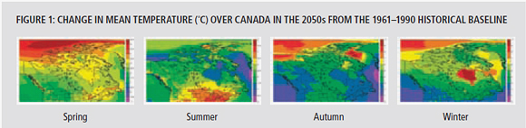 figure 1: Change in mean temperature (C) over Canada in the 2050s from the 1961-1990 historical baseline