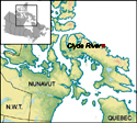 A section of a map of Canada centered on Nunavut, denoting the location of Clyde River on the northeast coast of Baffin Island, Nunavut