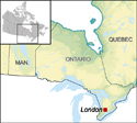 Map depicting the location of London in Ontario and Eastern Canada