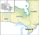 A section of a map of Canada centered on the province of Ontario denoting the location of the city of Toronto.