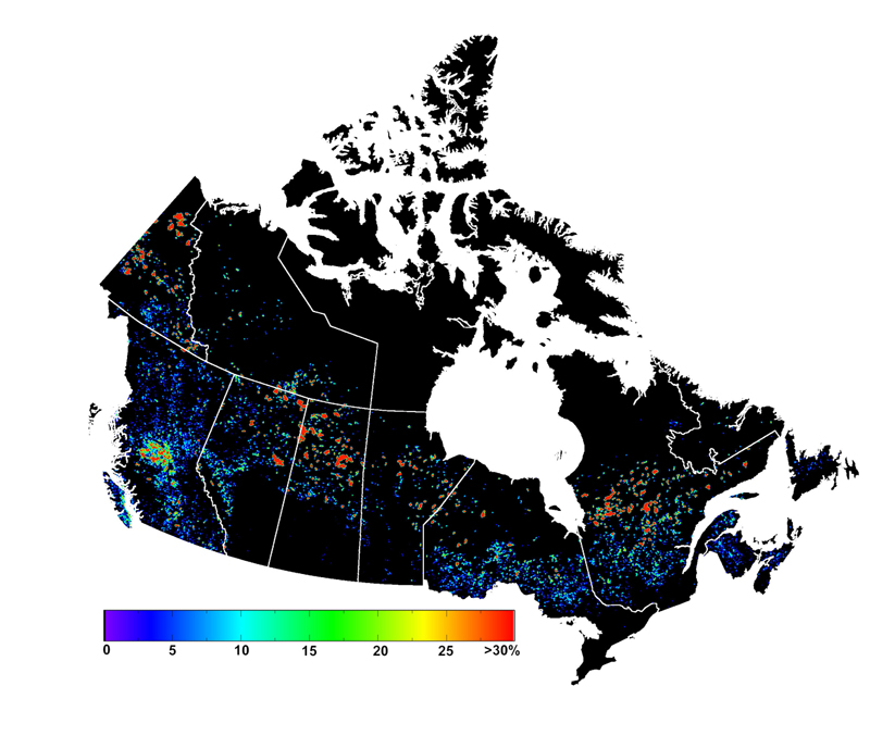 This map shows the changes in forest disturbance across Canada between 2001 and 2006. A scale ranging from 0% to over 30% provides an indication of the percentage of these variations. It is noted that large areas have suffered little disruption, while other regions have experienced significant disruptions, sometimes associated with fires or infestations, as explained in the description of the figure.