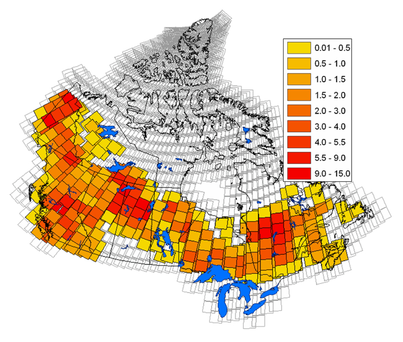 This map of Canada shows a group of Landsat images covering mainly the south where the rate of change is estimated in the area covered by each of the scenes. The map is accompanied by a change of scale legend ranging from .01 to 15%.