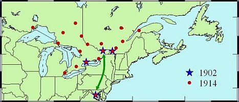 Map of southern Ontario, southern Quebec, Northeast United States and the Maritimes with locations of gravity measurements with blue stars representing 1902 measurements and red dots representing 1914 measurements showing the tie between Ottawa and Washington by a green arrow