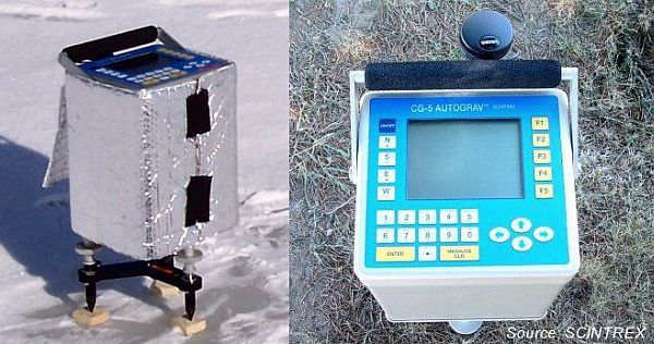 Left: CG-5 gravimeter wrapped in foil on snowy ground. Right: CG-5 gravimeter console interface.