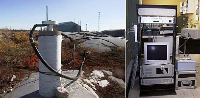 Left: Concrete pillar with antenna attached at the top in a field. Right: Computer equipment on a rack in a laboratory.