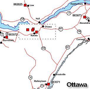 Map of the Ottawa region with red symbols indicating GPS occupations