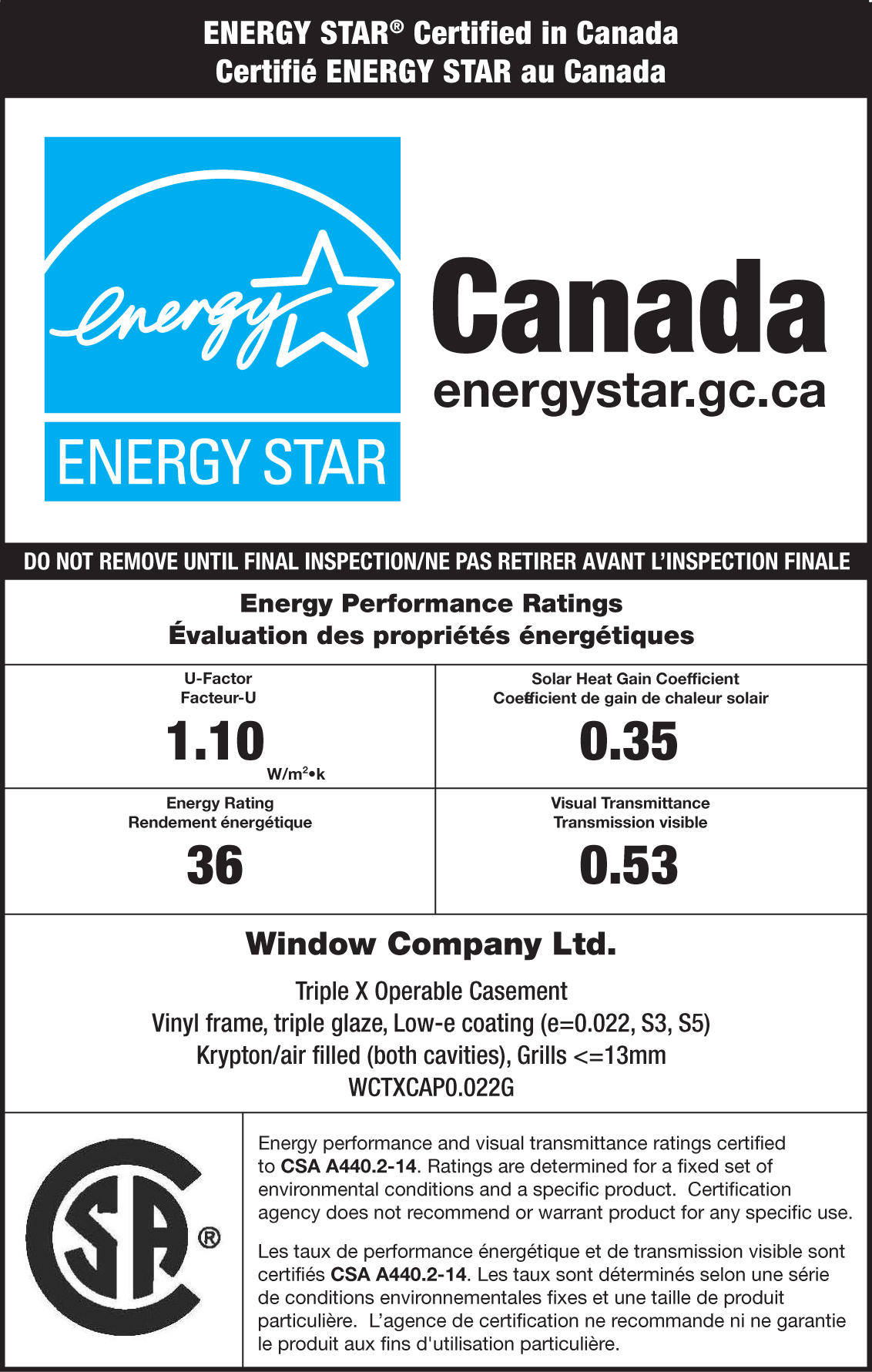 CSA ENERGY STAR Sample Label