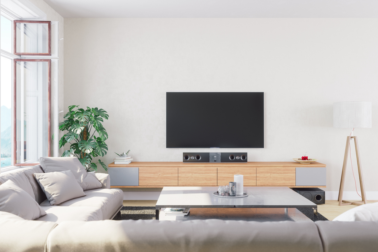 Interior of a modern, bright and airy living room with a plant, television, audio system, coffee table and couch.