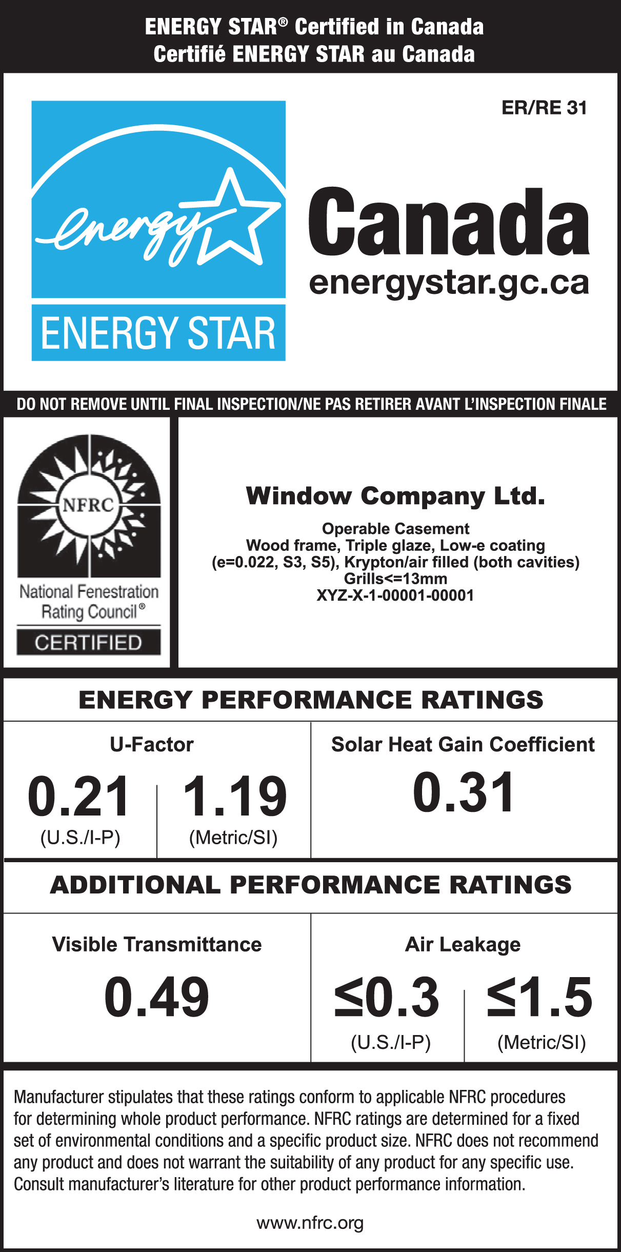 Sample ENERGY STAR label with no map indicating that the product is certified for Zones 1, 2 and 3 with the energy performance label showing the specific performance ratings, brand name, model description and the certification mark of NFRC.