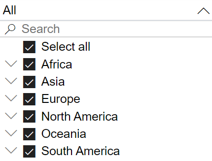 The filtering menu, with Search field and filter options
