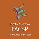 Image above showing superimposed curved lines with a dot that symbolize a circle of people with text below “Forestry Adaptation Community of Practice FACoP”.