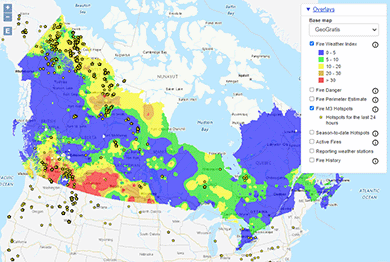 Map of Canada showing wildland fire conditions. Legend includes fire weather index, hotspots and active fires layers.