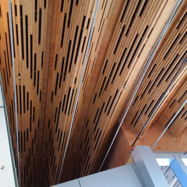A curved ceiling made from NLT with black painted highlights.