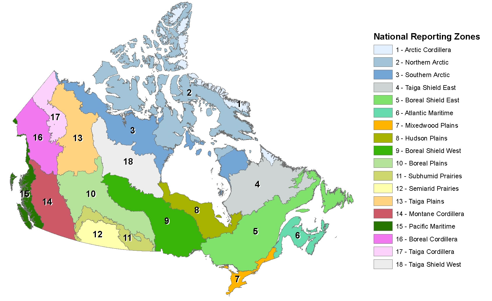 Small-scale map outlining the boundaries of the 18 national reporting zones of the NFCMARS in relation to the terrestrial ecozones of Canada.