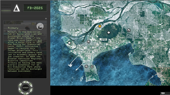 Screenshot of the Future Delta 2.0 computer game showing an aerial map and explanatory text (not visible at this resolution).