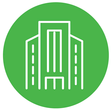 Icon showing a stylized tall building made of wood.