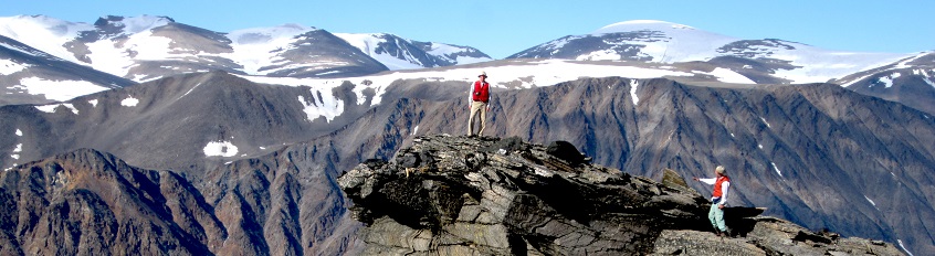 Geologists from GEM’s Multiple Metals Cumberland Peninsula Project examine an 1860 million-year-old mountain building event on Eastern Baffin Island, Nunavut (2009).