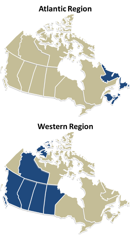 Two maps of Canada. Map #1 - Atlantic region: New Brunswick, Nova Scotia, Prince Edward Island, and Newfoundland and Labrador. Map #2 - Western region: British Columbia, Alberta, Saskatchewan, Manitoba, and the Northwest Territories.