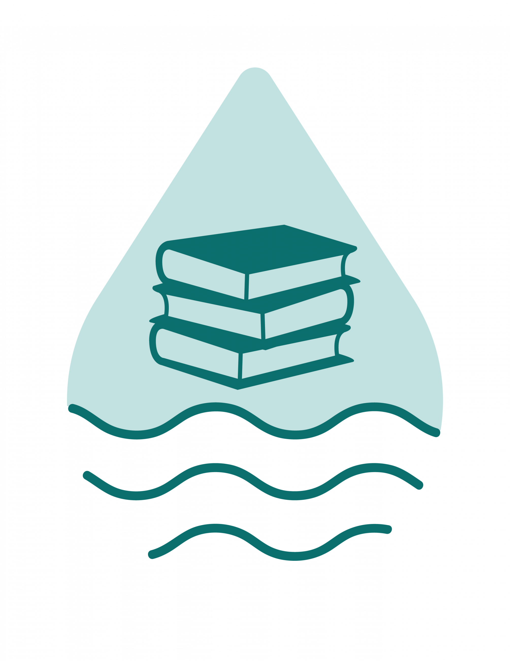Water droplet icon. Inside the droplet are three books stacked on top of each other, with three wavy lines representing water underneath the books