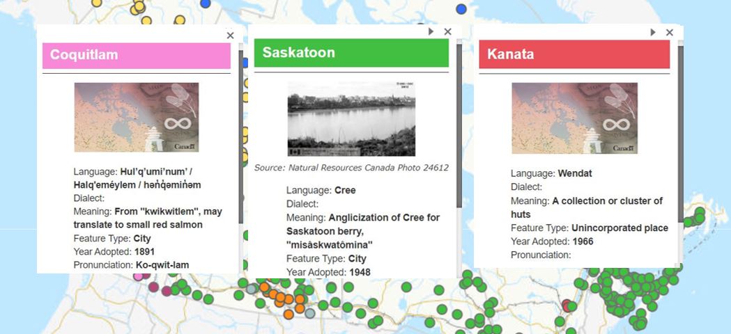 Three entries from the Indigenous Place Names Map: Coquitlam, Saskatoon and Kanata.