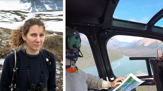 Two photos, (left) an informal portrait of Ellen, (right) Ellen in a helicopter with Parks Canada.