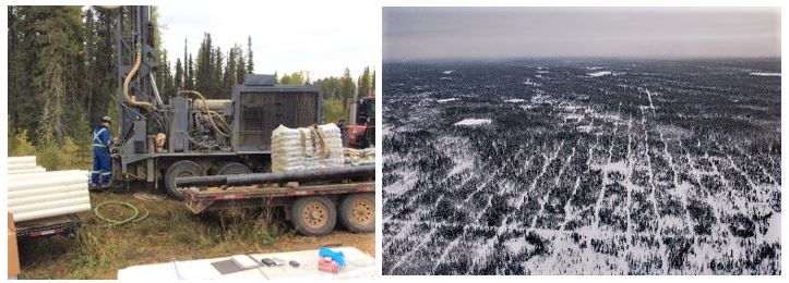 Two images. Left, a small crew drills wells. Right, a wide shot of flat forested area with straight lines cut through treed areas for industrial purposes.