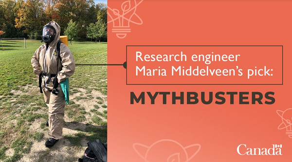 Graphic image with photo of engineer that reads 'Research Engineer Maria Middelveen’s pick: Mythbusters'