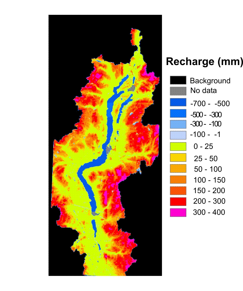 This thematic map shows the simulated annual diffuse recharge in the Okanagan Basin. The scale ranges from -500 mm to +400 mm