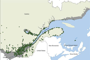 FIGURE 22: Inventory of requests to respond to landslides in Quebec between 1972 and 2005. The grey zone shows the limits of the postglacial marine transgression that left clay deposits (map provided by the Ministère des Transports du Québec, pers. comm., 2006).