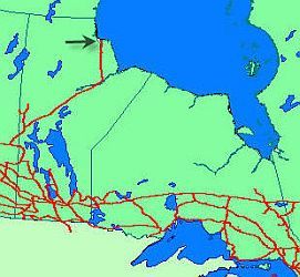 Map of Ontario and Manitoba showing levelling lines connecting Hudson Bay Railway and Churchill Manitoba