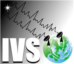 Poster for the IVS, showing a cartoon of 2 antennas on the globe pointing signals to the same distant star