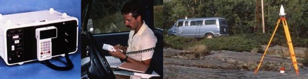 From left to right: GPS equipment, technician operating a GPS receiver in a vehicle and a GPS receiver on a tripod on bedrock with a van in the background