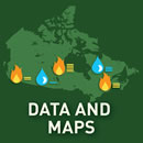 Image showing a map of Canada with icons of a forest fire and a rain drop positioned in the west, centre and east of the map. Next to the icons are horizontal bars suggesting future trends.